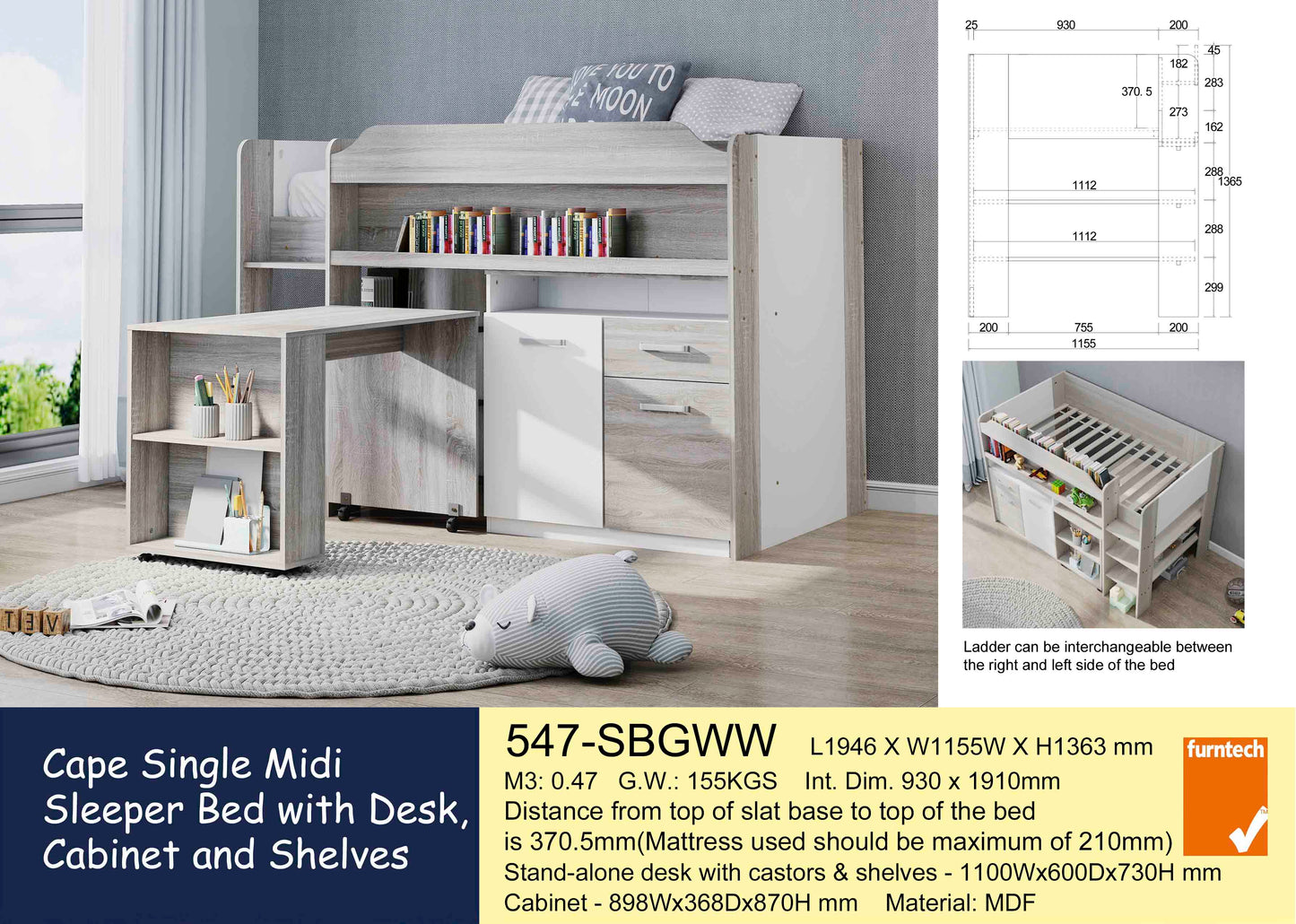 Cape Single Midi Sleeper Bed, Desk, Cabinet & Shelves