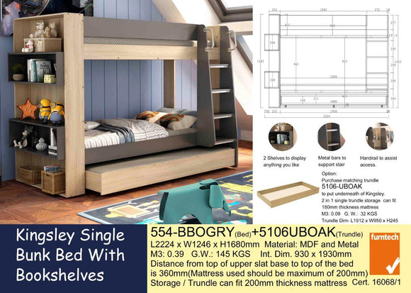 Kingsley Single Bunk Bed with Bookshelves