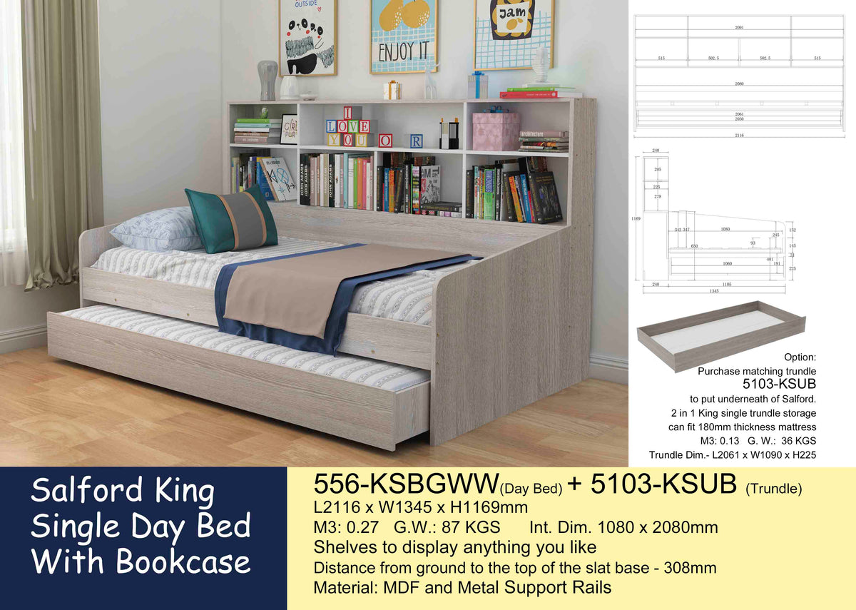 Salford King Single Day Bed with Bookcase Factory Direct Furniture