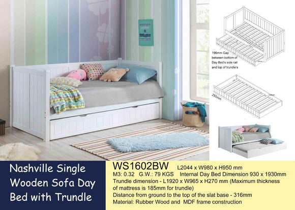 Nashville Single Wooden Day Bed with Trundle